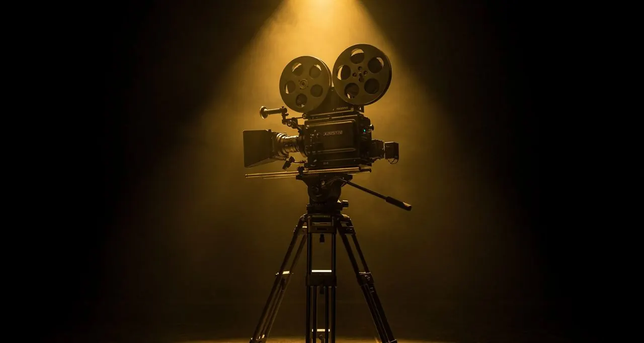 Kamera film di bawah lampu sorot emas